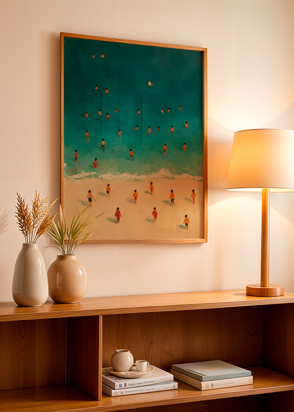 Landskabskunst: strand set oppefra med badende – Product1