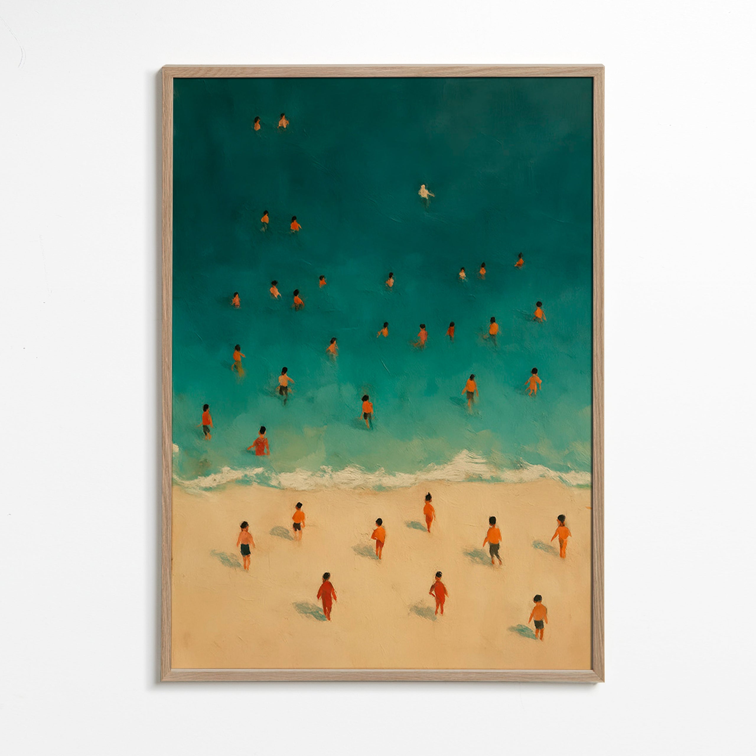 Landskabskunst: strand set oppefra med badende – Oak Frame