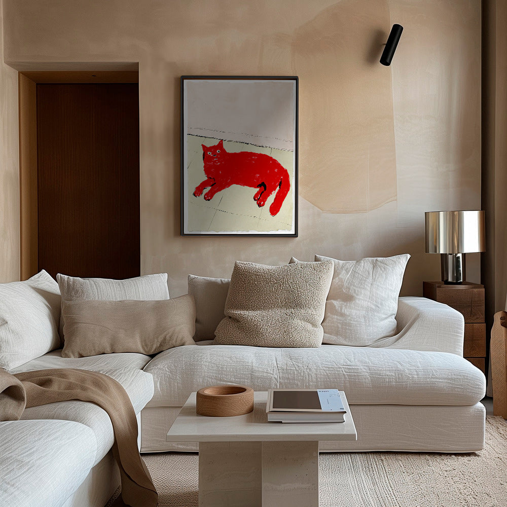 Rødt kattebillede liggende – Canvas1