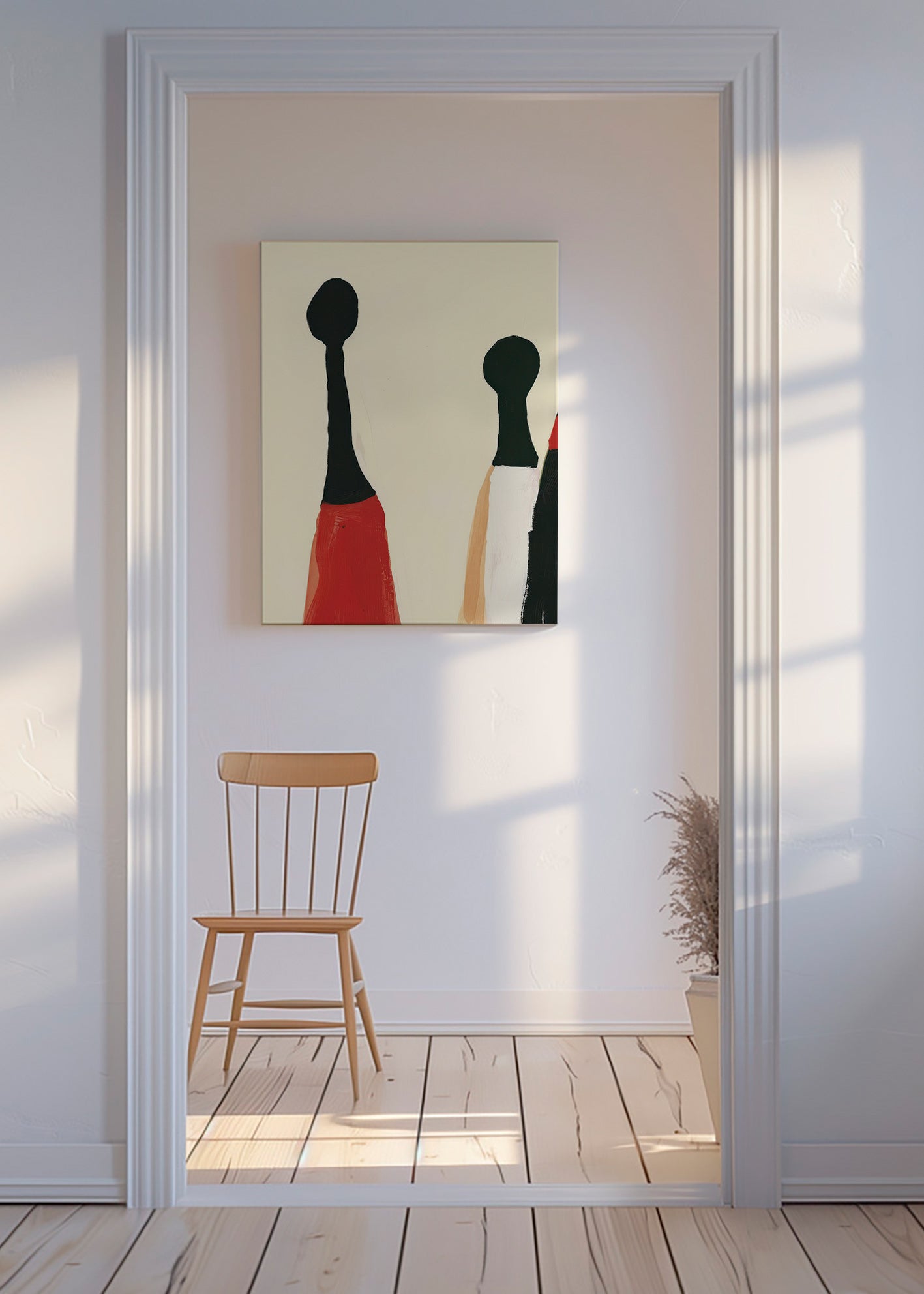 Abstrakt maleri med forlængede røde og sorte figurer – Canvas