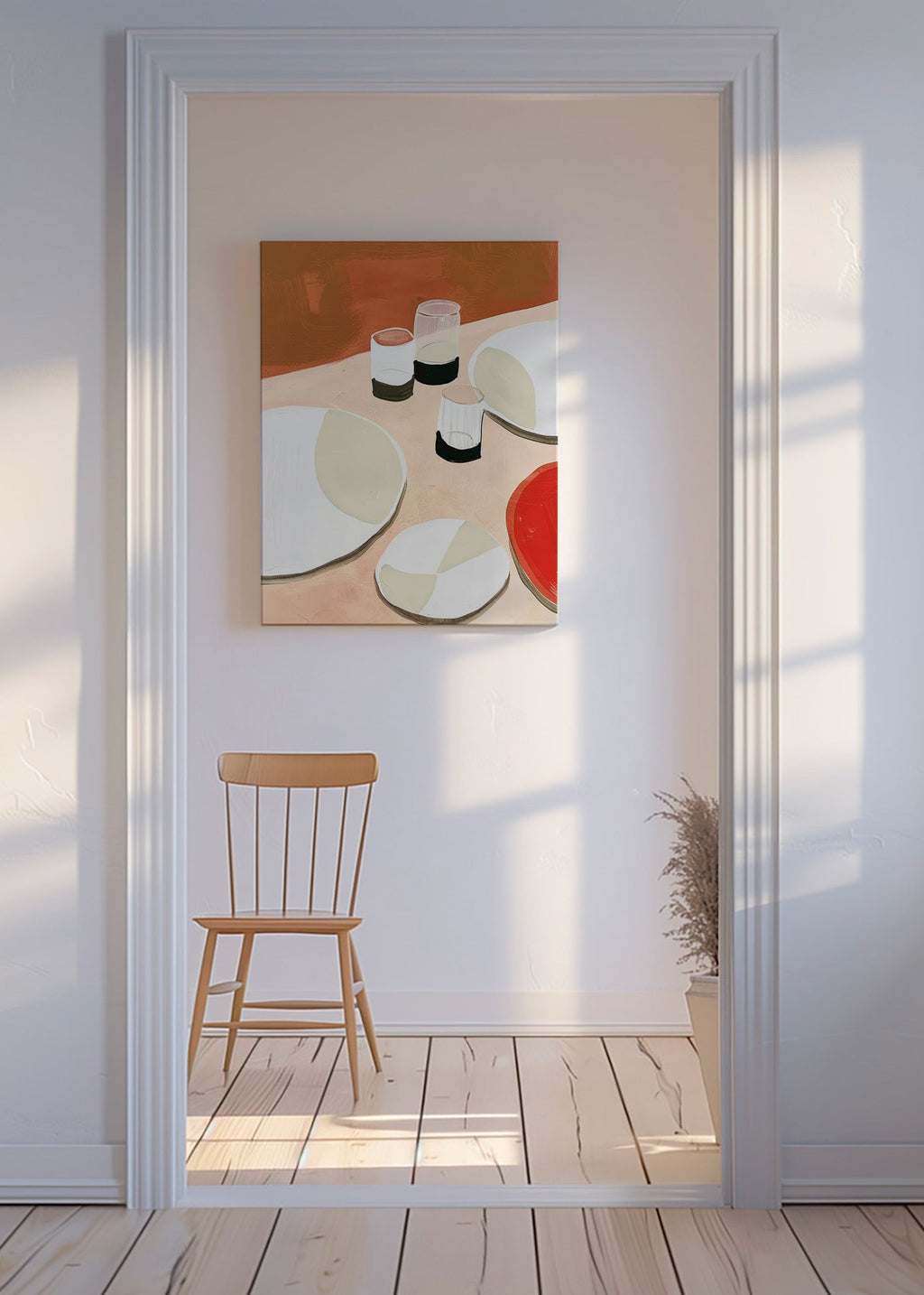 Køkkenkunst minimalistisk med tallerkener og glas – Canvas