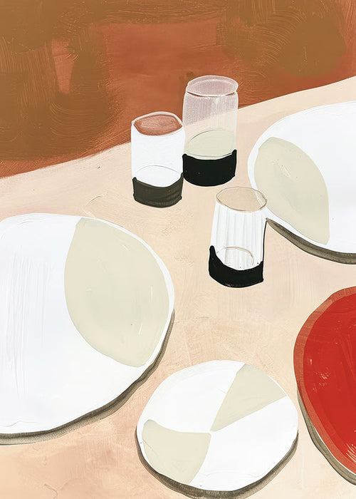 Køkkenkunst minimalistisk med tallerkener og glas
