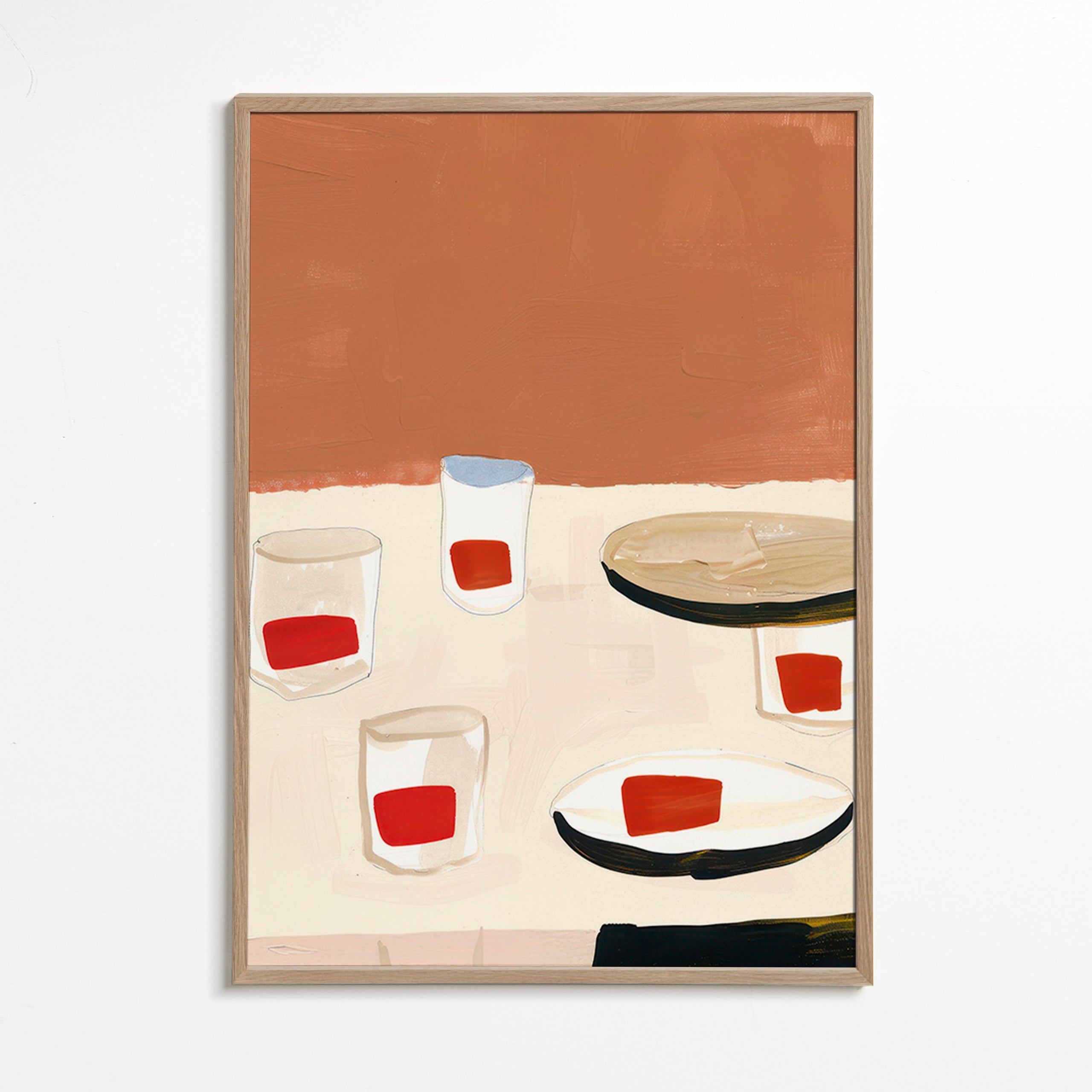Køkkenkunst med glas og tallerkener – Oak Frame