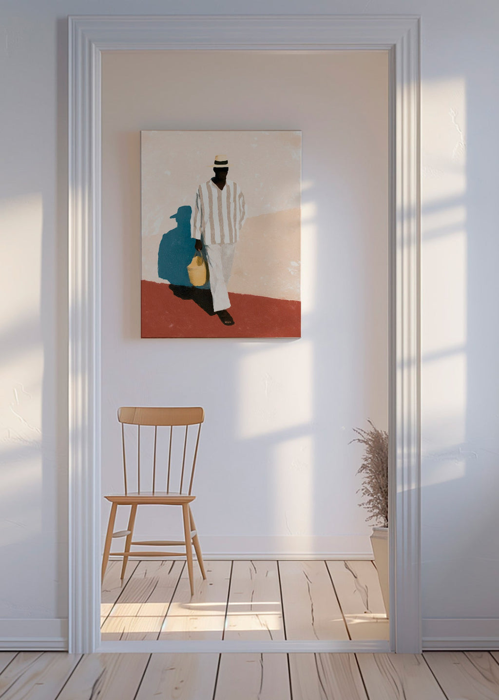Minimalistisk værk med mand i hat og taske – Canvas
