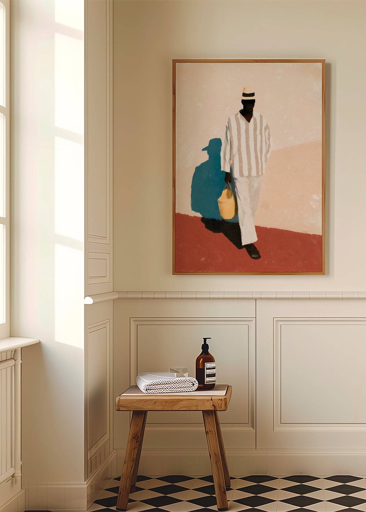 Minimalistisk værk med mand i hat og taske – Product1