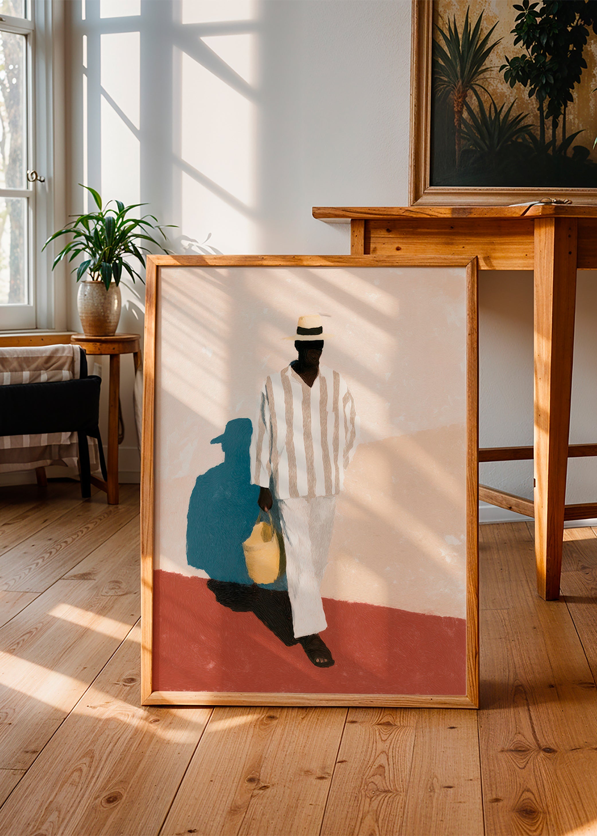 Minimalistisk værk med mand i hat og taske – Product3