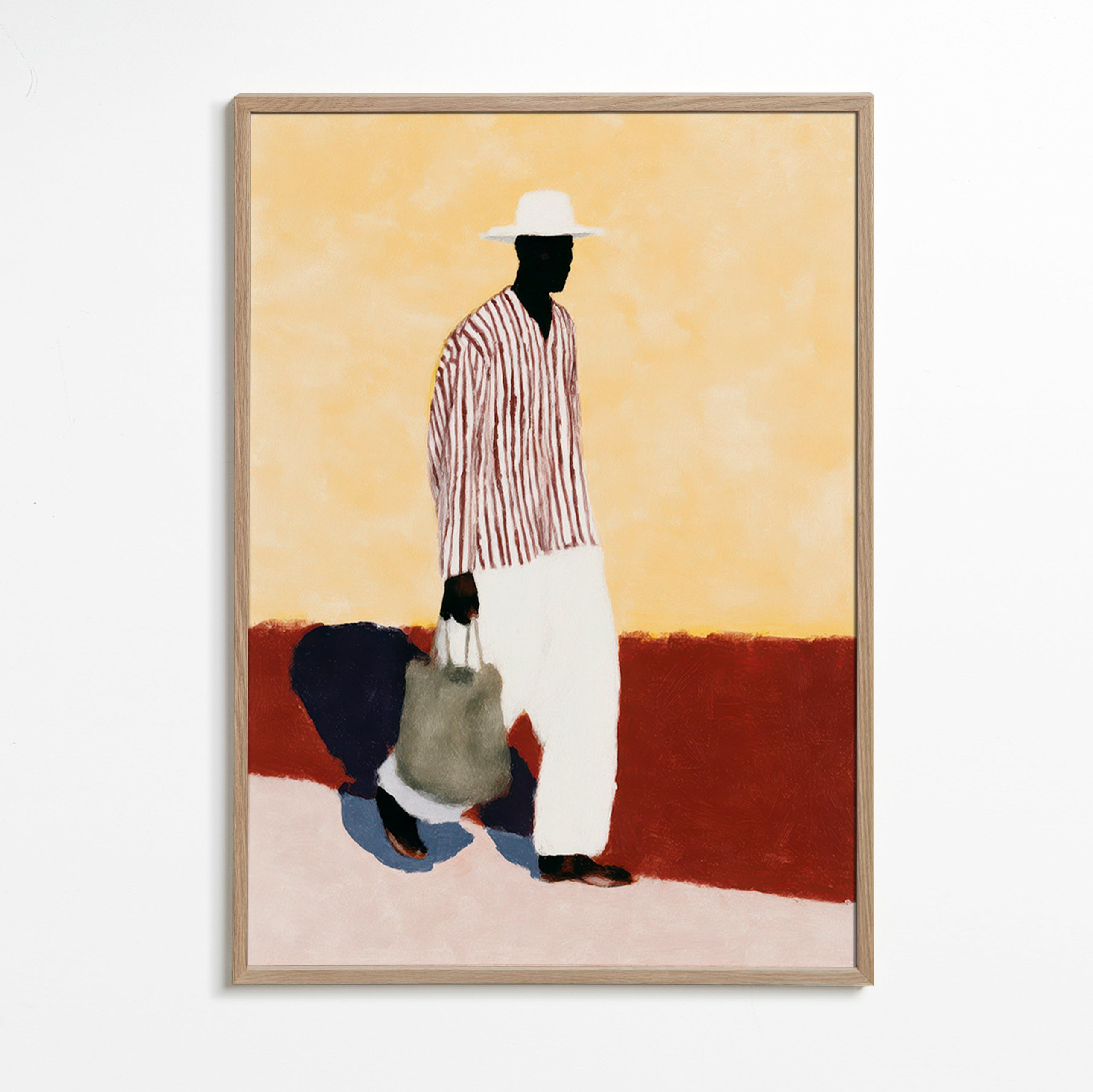 Illustration af gående figur med hat – Oak Frame