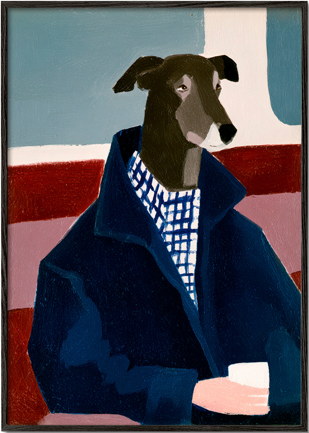 Greyhound-portræt i blå frakke – Black Frame