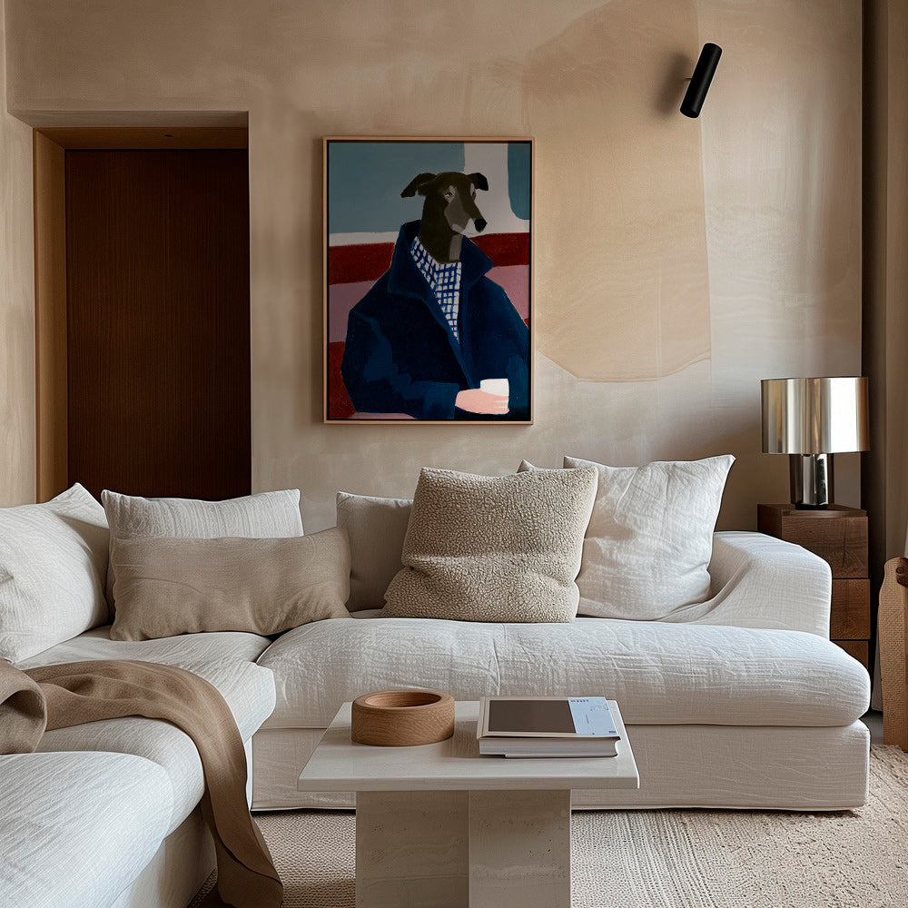 Greyhound-portræt i blå frakke – Canvas2