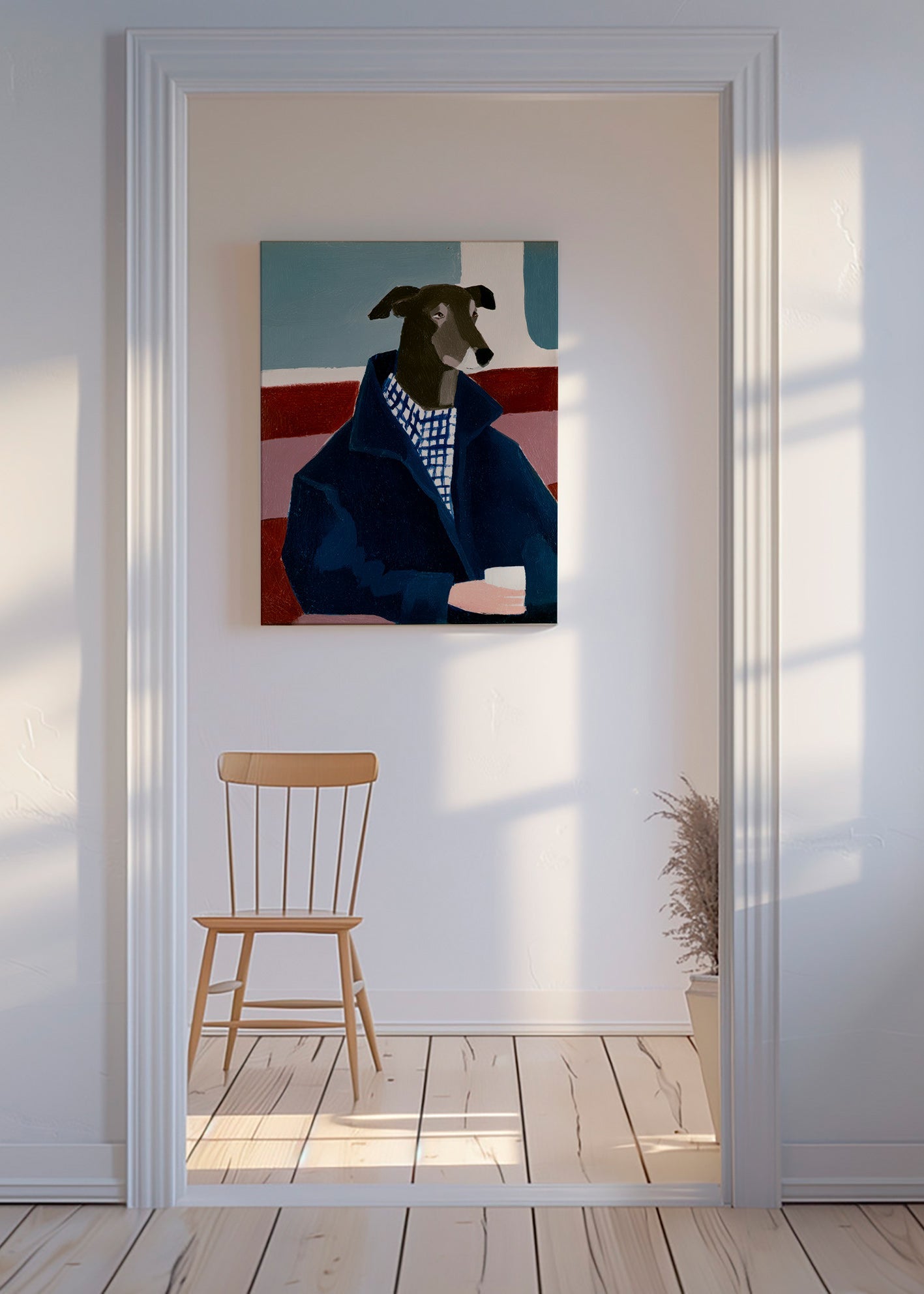 Greyhound-portræt i blå frakke – Canvas
