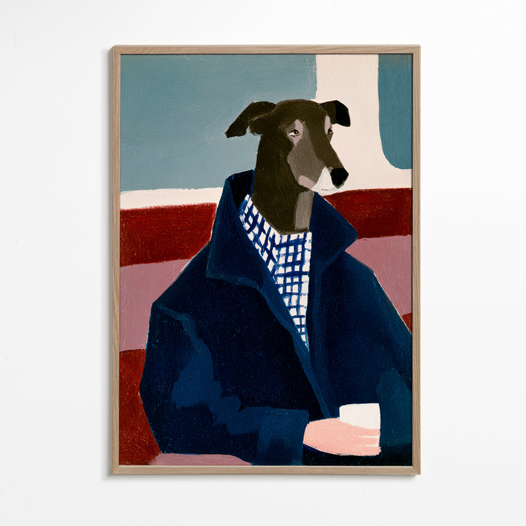 Greyhound-portræt i blå frakke – Oak Frame