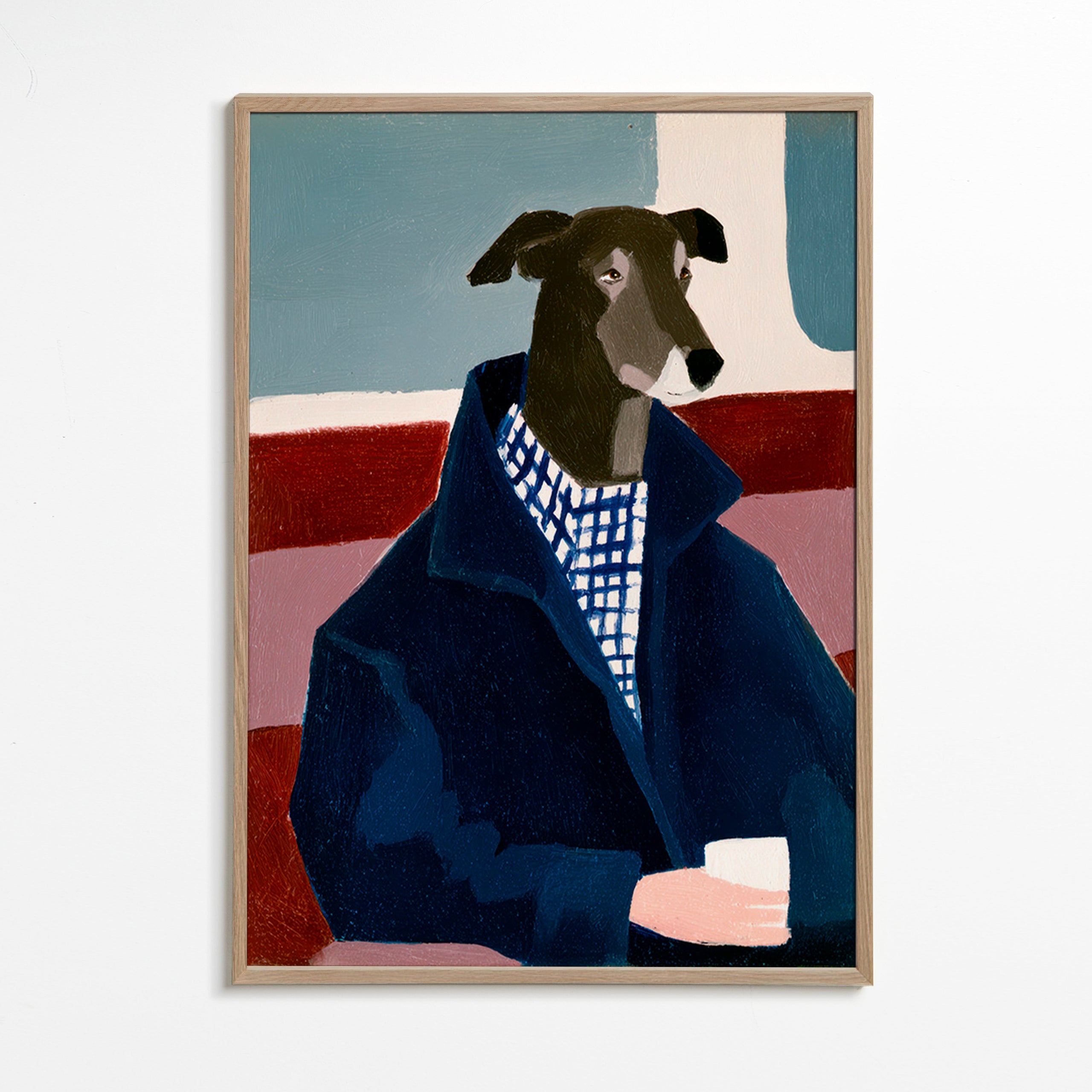 Greyhound-portræt i blå frakke – Oak Frame