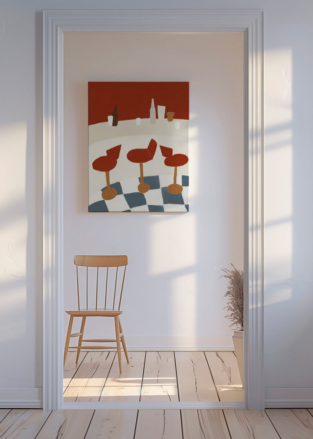 Køkkenkunst med røde barstole og skakternet gulv – Canvas