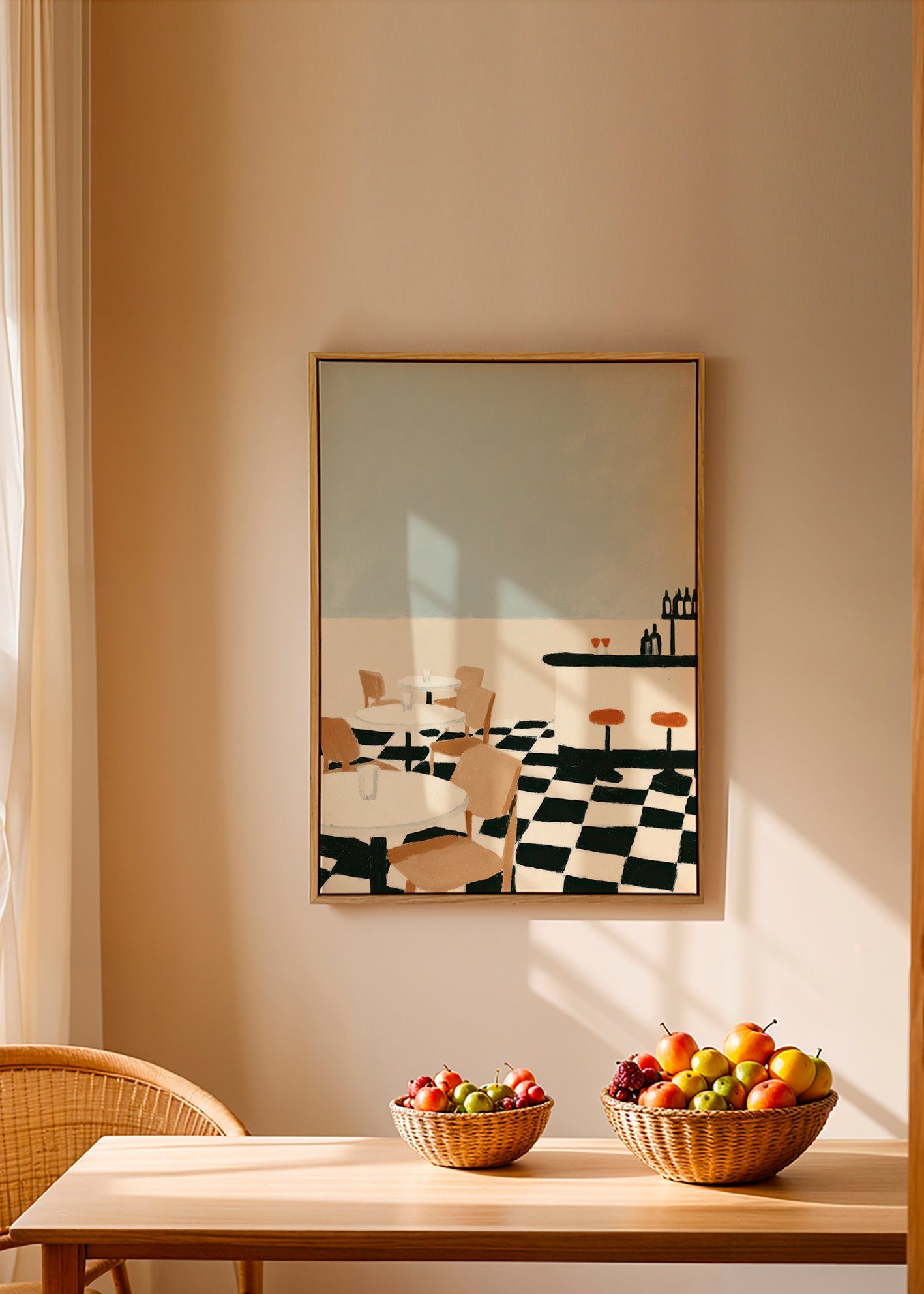 Køkkenkunst med skakmønstret gulv og bar – Canvas2