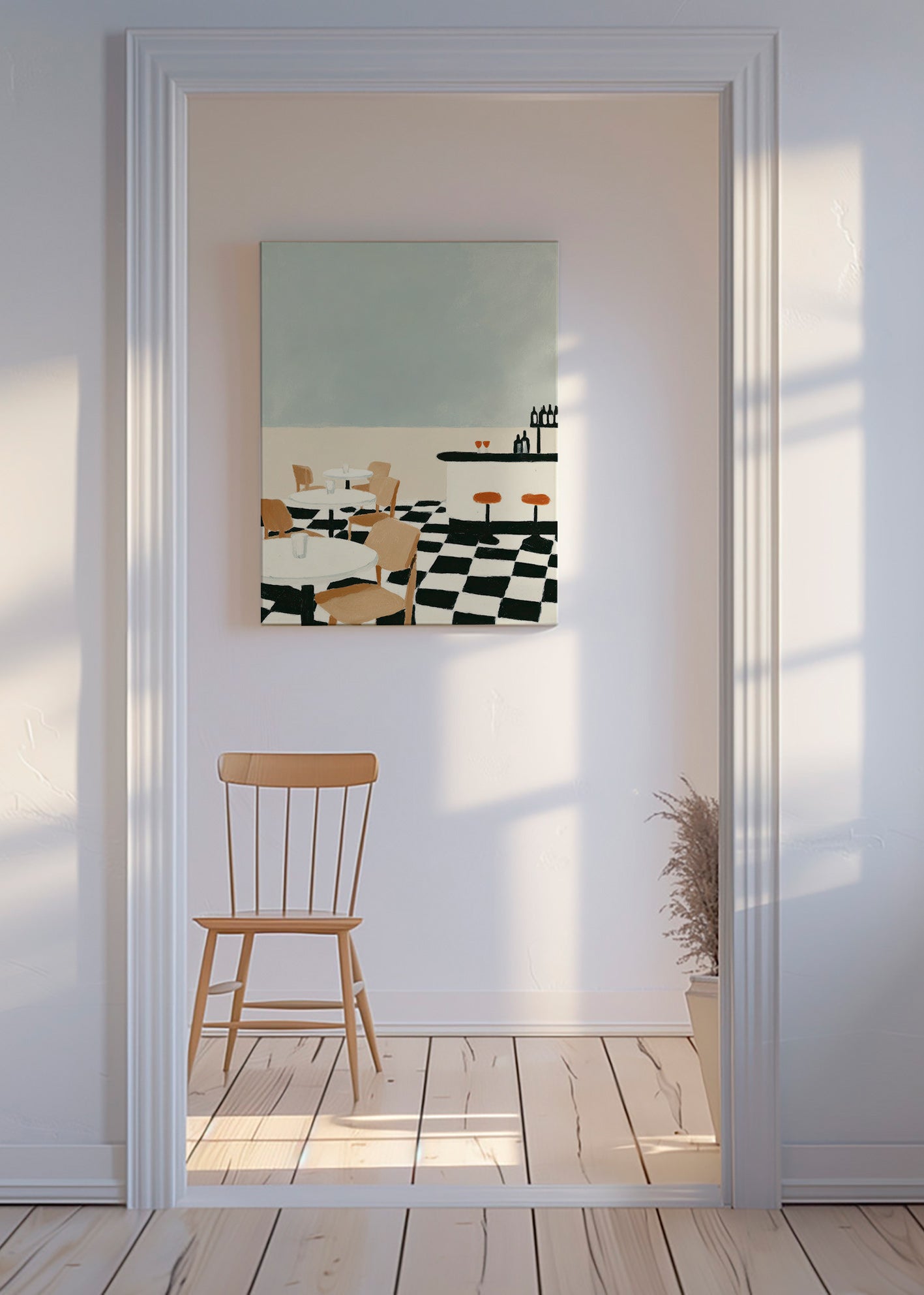 Køkkenkunst med skakmønstret gulv og bar – Canvas