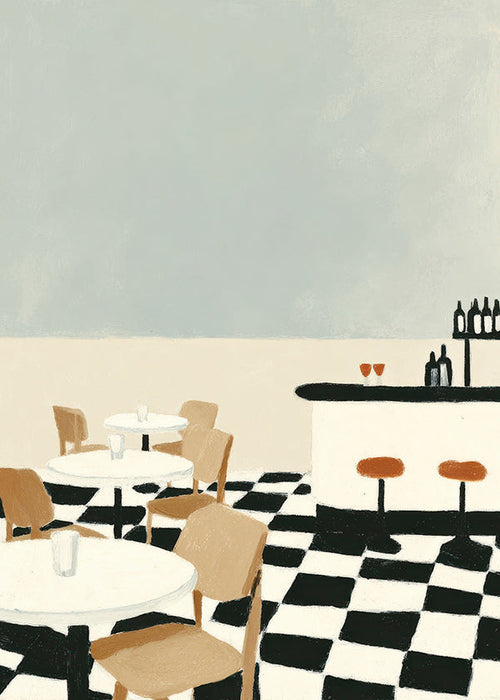Køkkenkunst med skakmønstret gulv og bar