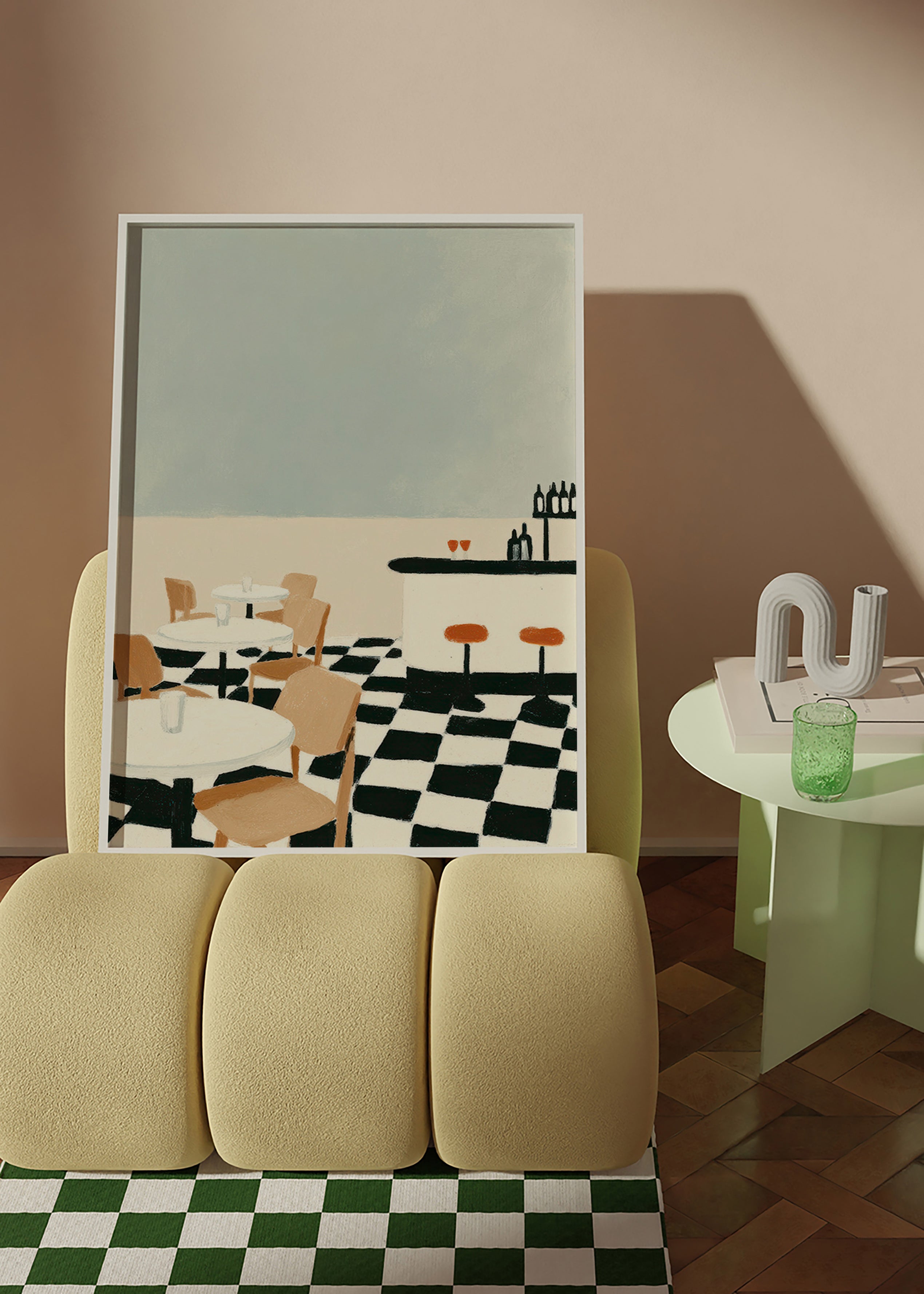 Køkkenkunst med skakmønstret gulv og bar – Product2