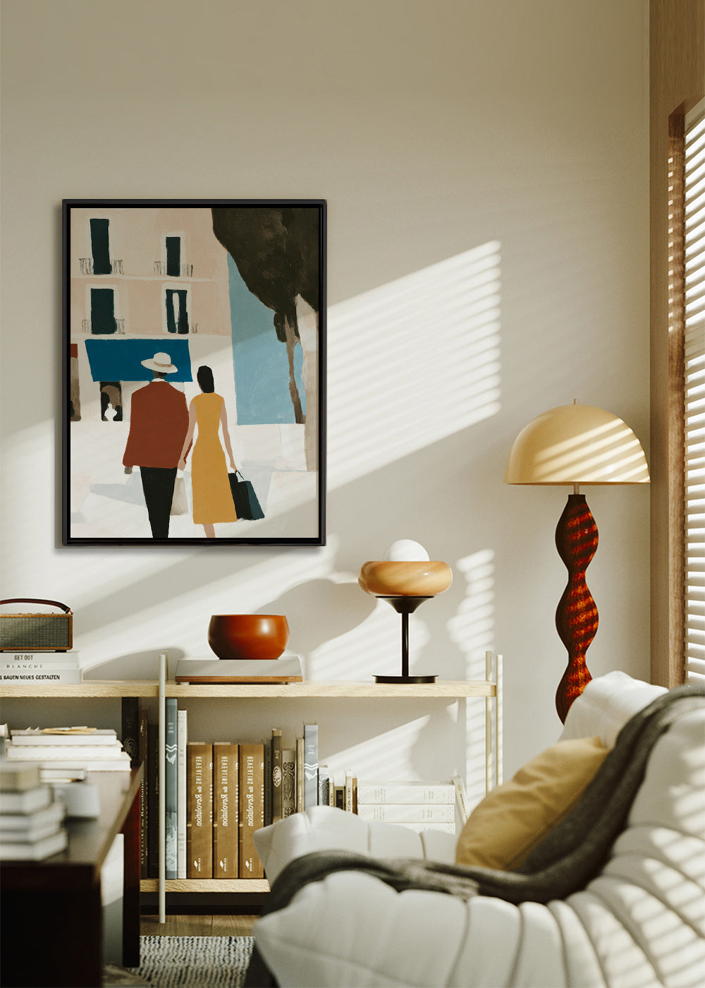 Illustration af par foran minimalistisk facade – Canvas1