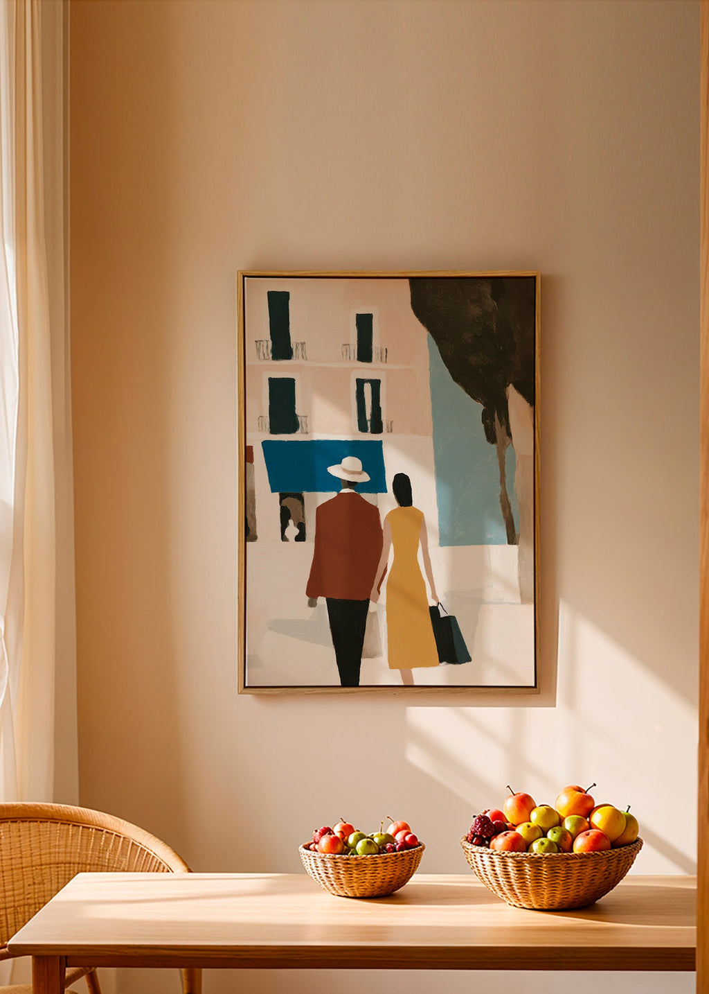 Illustration af par foran minimalistisk facade – Canvas2