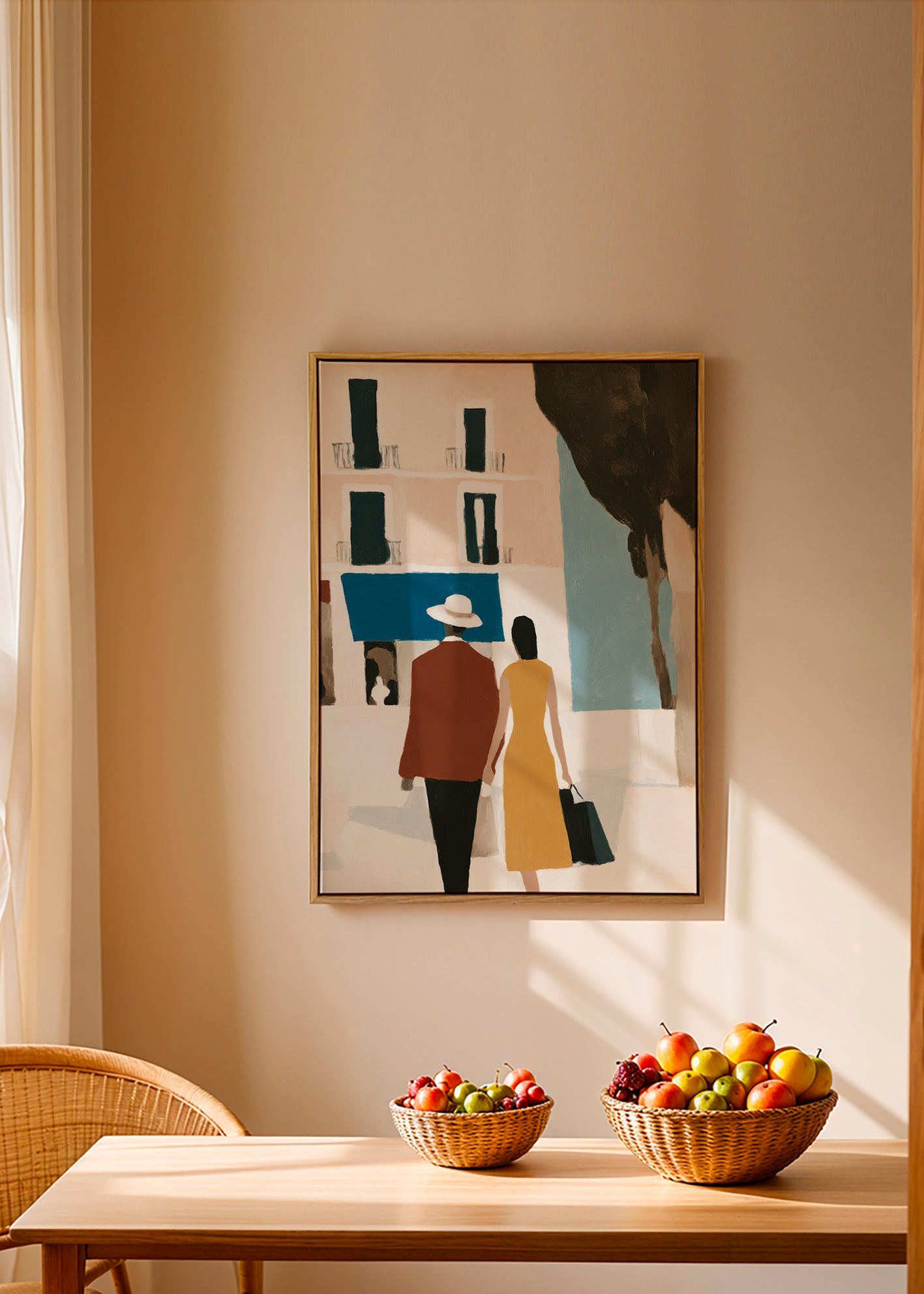 Illustration af par foran minimalistisk facade – Canvas2