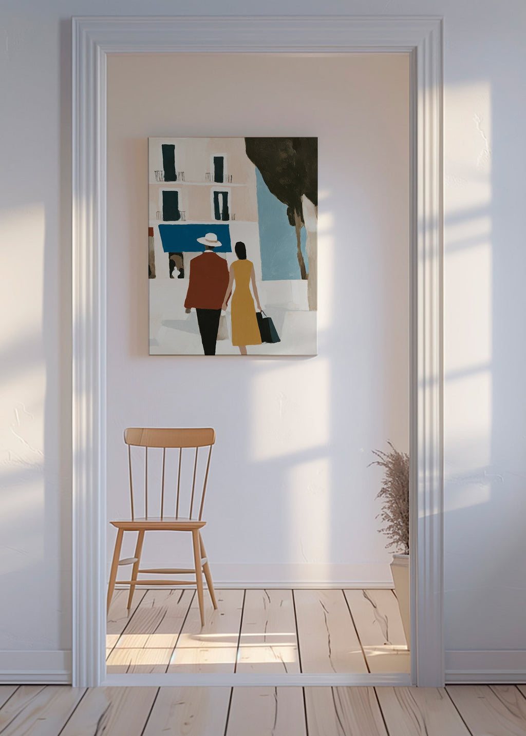 Illustration af par foran minimalistisk facade – Canvas