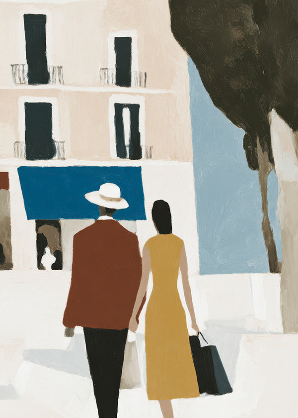 Illustration af par foran minimalistisk facade