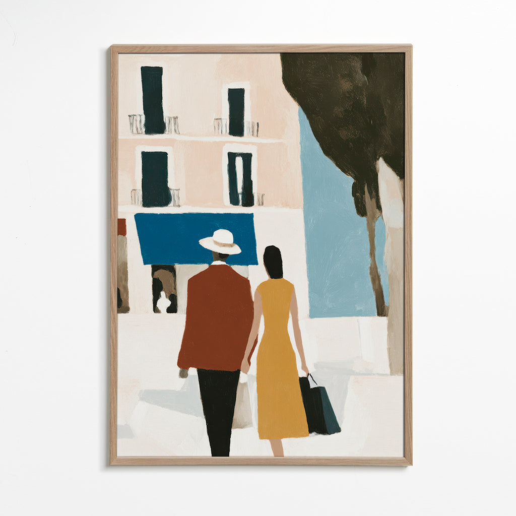 Illustration af par foran minimalistisk facade – Oak Frame