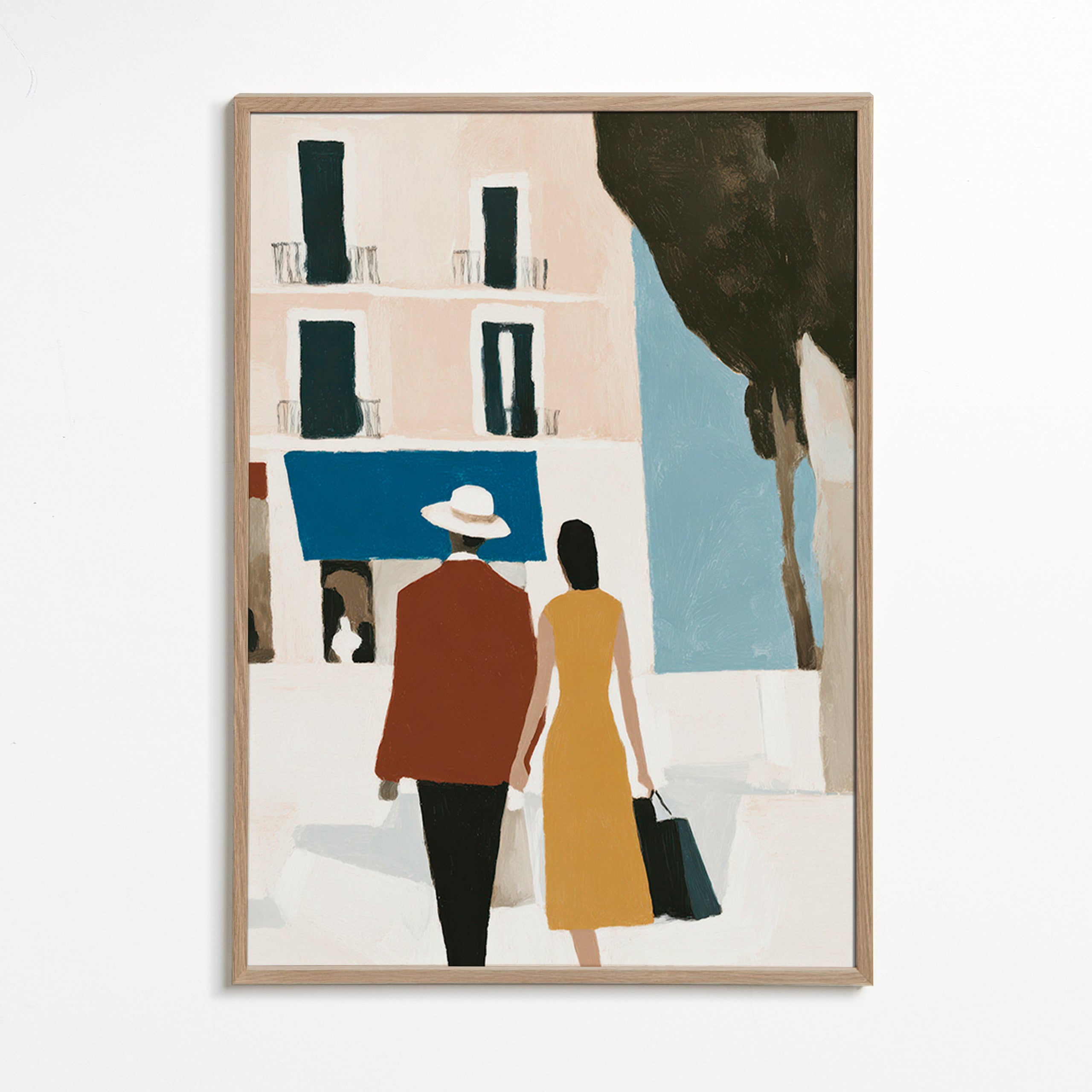 Illustration af par foran minimalistisk facade – Oak Frame