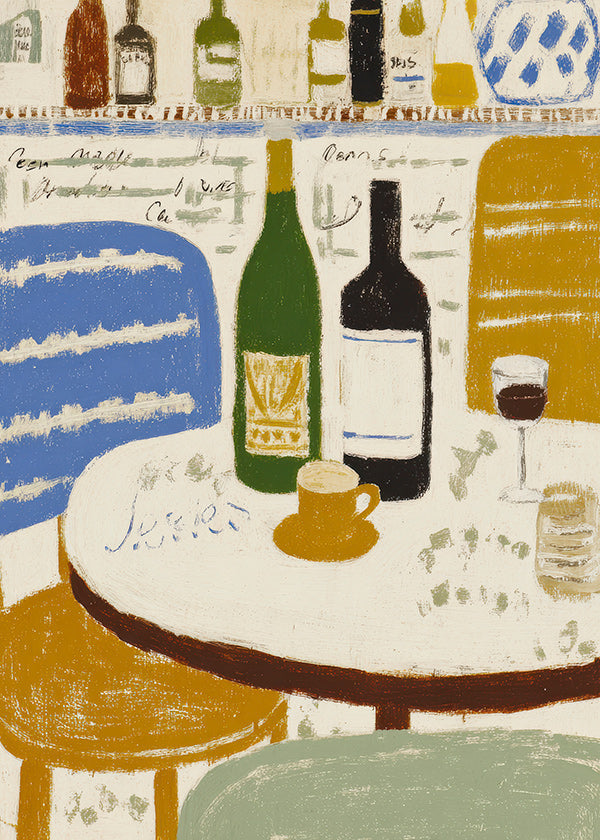 Køkkenkunst med flasker og kaffekop