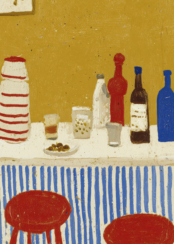 Køkkenkunst: bar-stilleben med blå striber