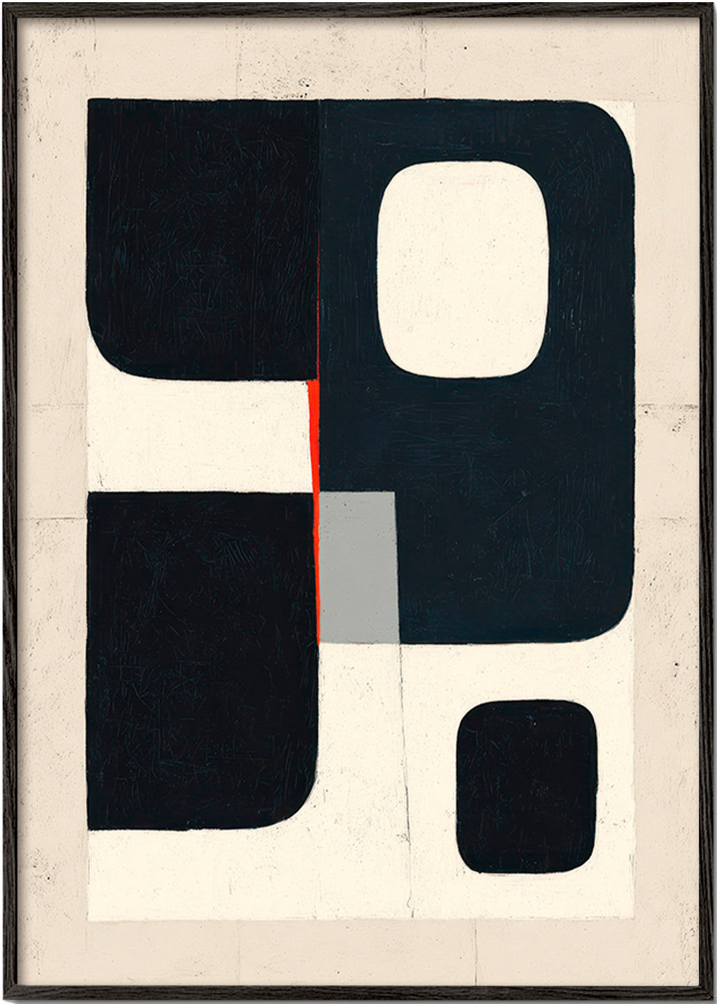 Geometrisk plakat med sorte blokke og rødt accent – Black Frame