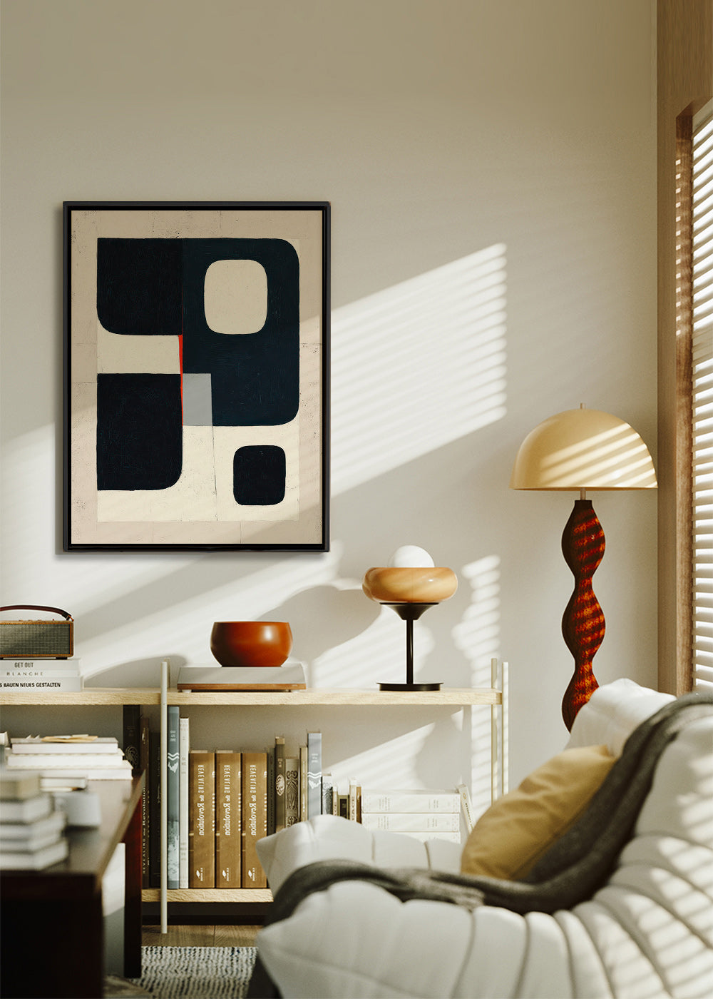 Geometrisk plakat med sorte blokke og rødt accent – Canvas1