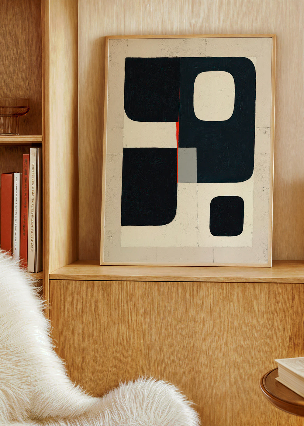 Geometrisk plakat med sorte blokke og rødt accent – Product1