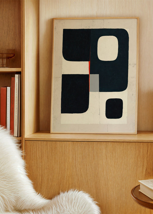 Geometrisk plakat med sorte blokke og rødt accent – Product1
