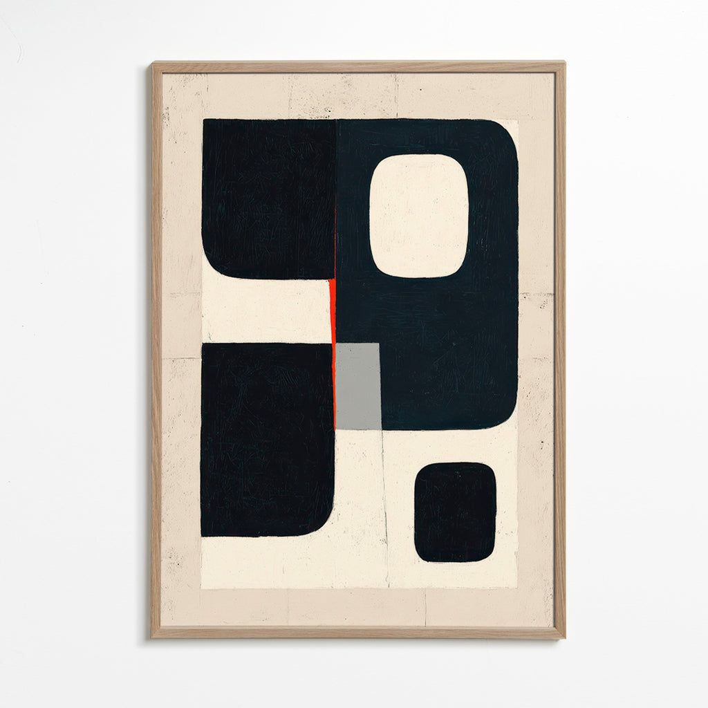 Geometrisk plakat med sorte blokke og rødt accent – Oak Frame