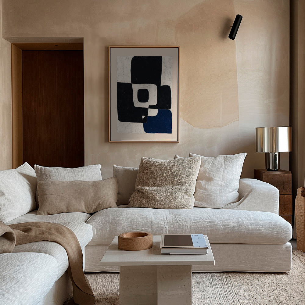 Abstrakt kunst med sorte blokke og blåt accent – Canvas1