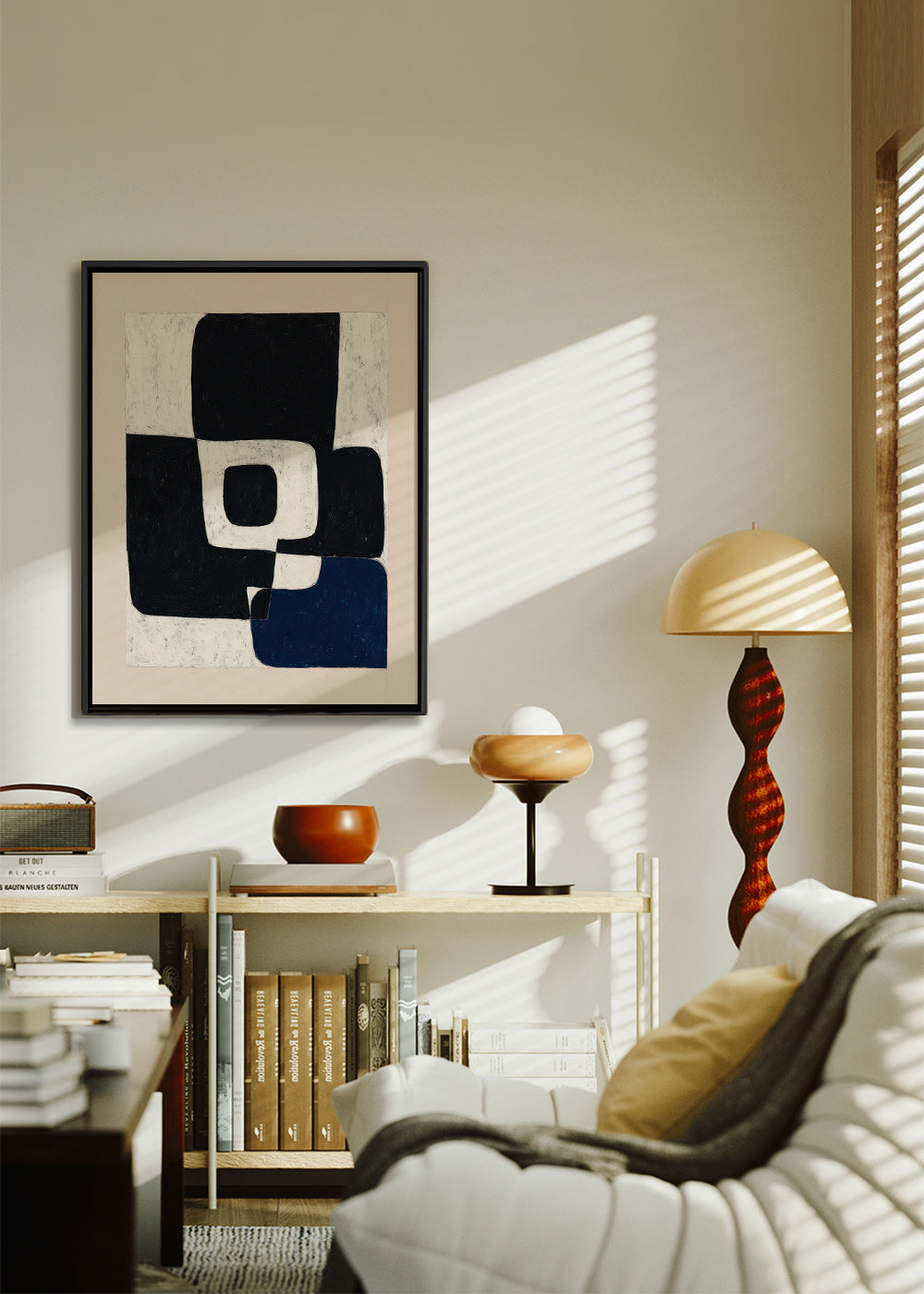 Abstrakt kunst med sorte blokke og blåt accent – Canvas2