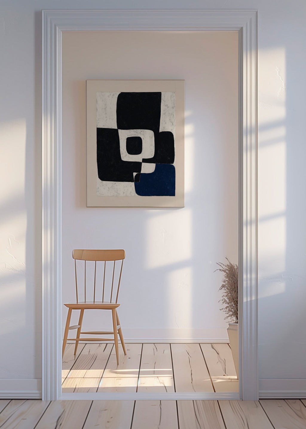 Abstrakt kunst med sorte blokke og blåt accent – Canvas