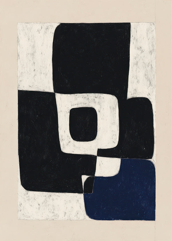 Abstrakt kunst med sorte blokke og blåt accent