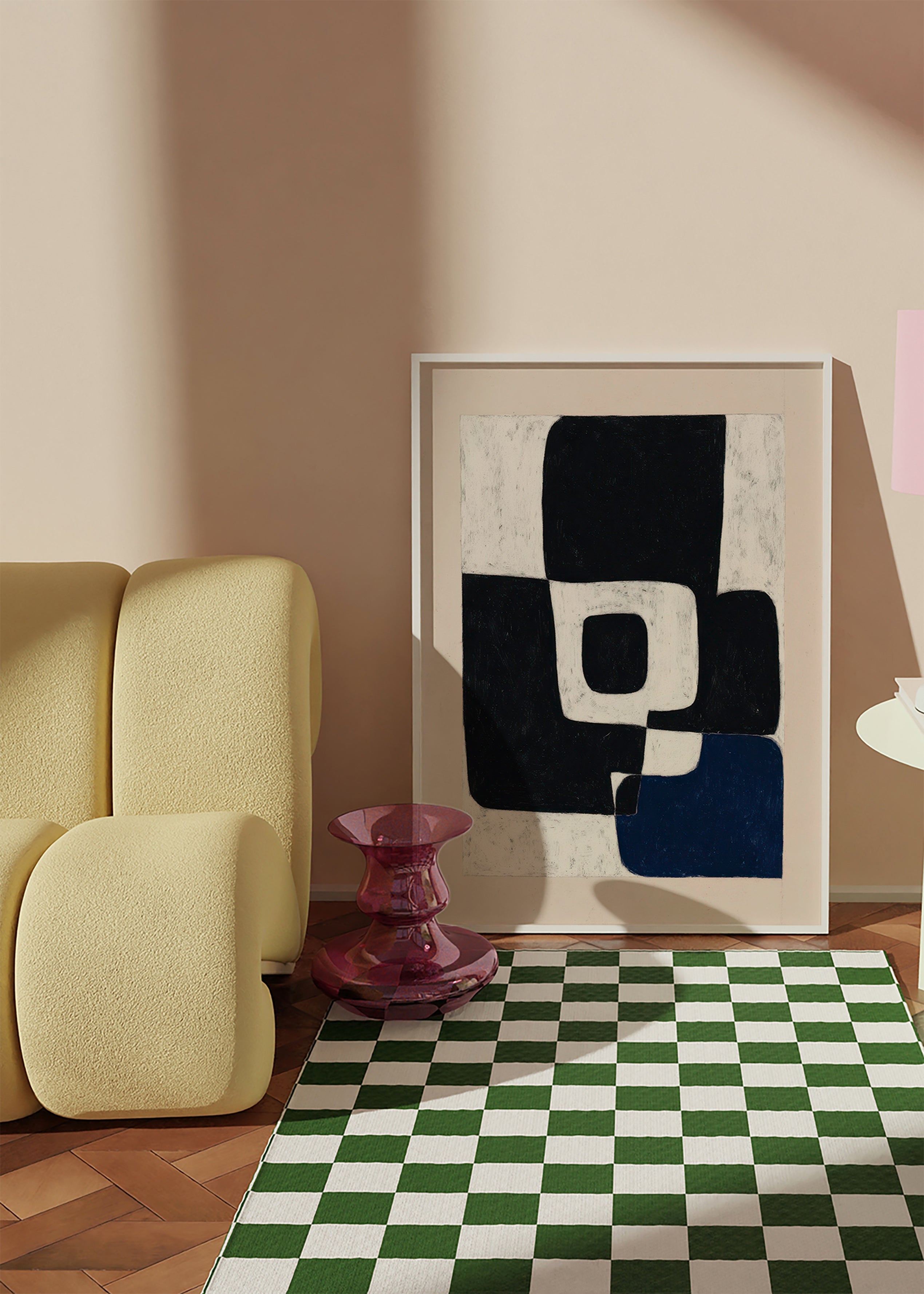 Abstrakt kunst med sorte blokke og blåt accent – Product1