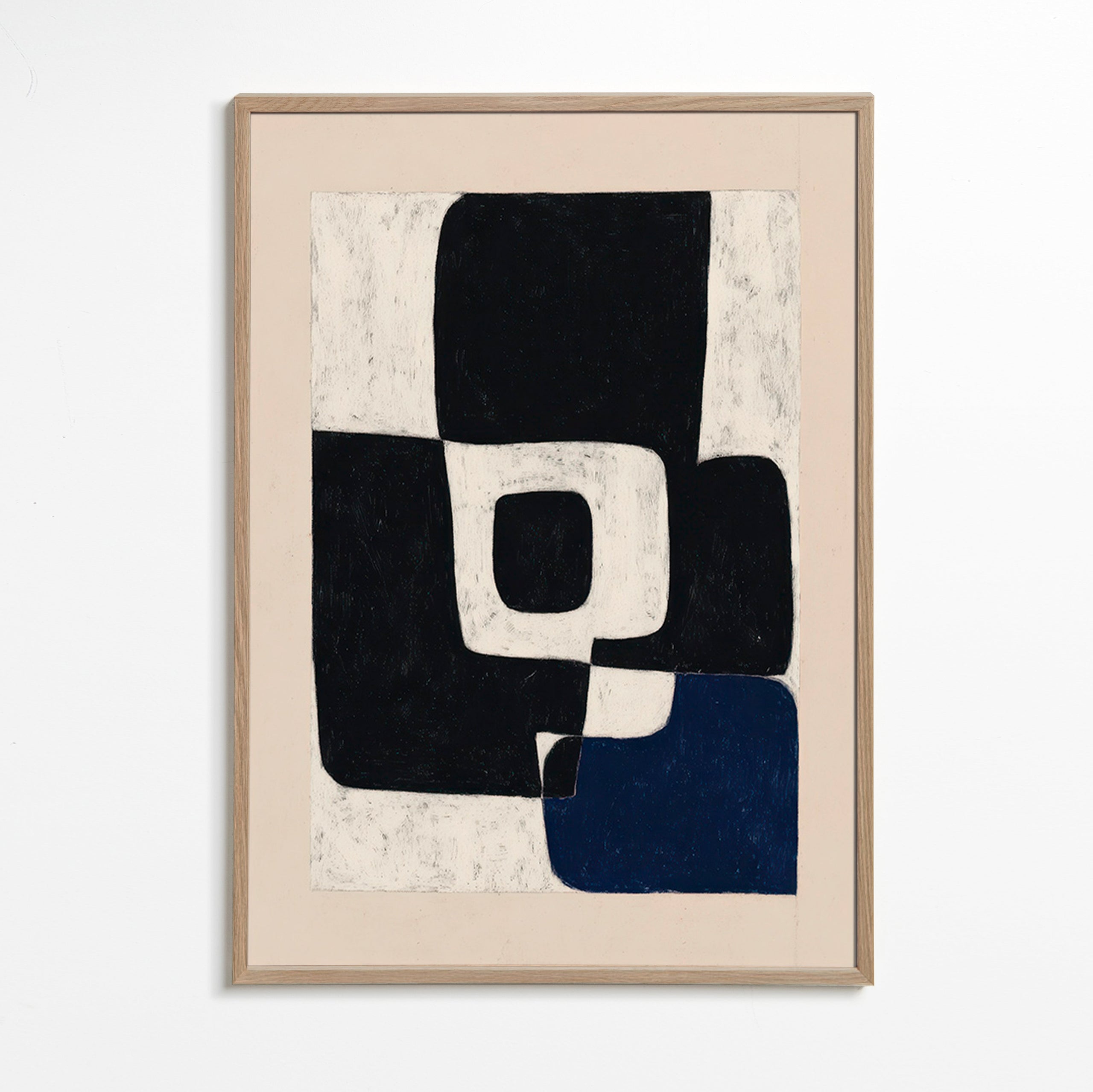 Abstrakt kunst med sorte blokke og blåt accent – Oak Frame