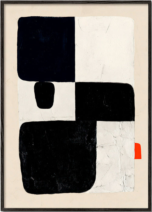 Geometrisk plakat med sorte felter og rødt accent – Black Frame