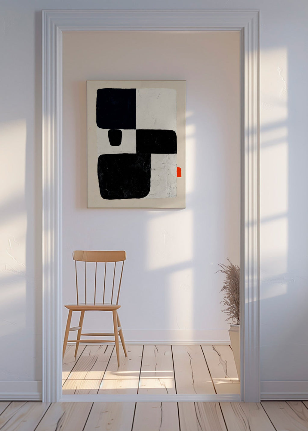 Geometrisk plakat med sorte felter og rødt accent – Canvas