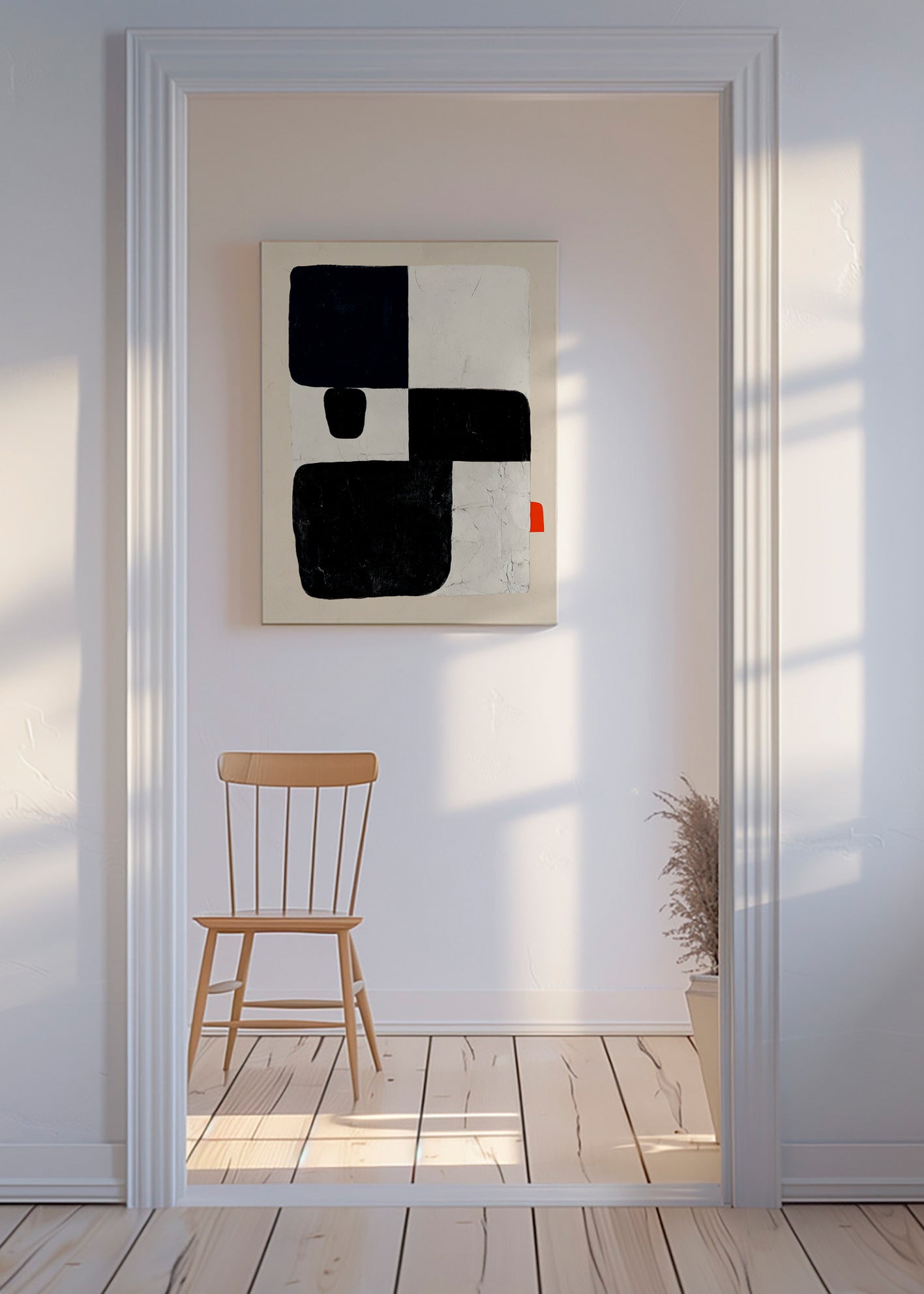 Geometrisk plakat med sorte felter og rødt accent – Canvas