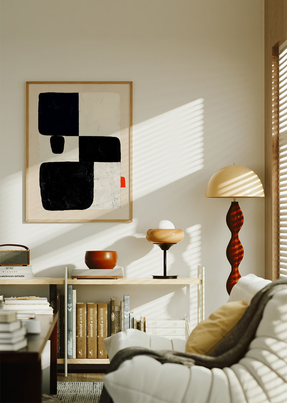 Geometrisk plakat med sorte felter og rødt accent – Product2