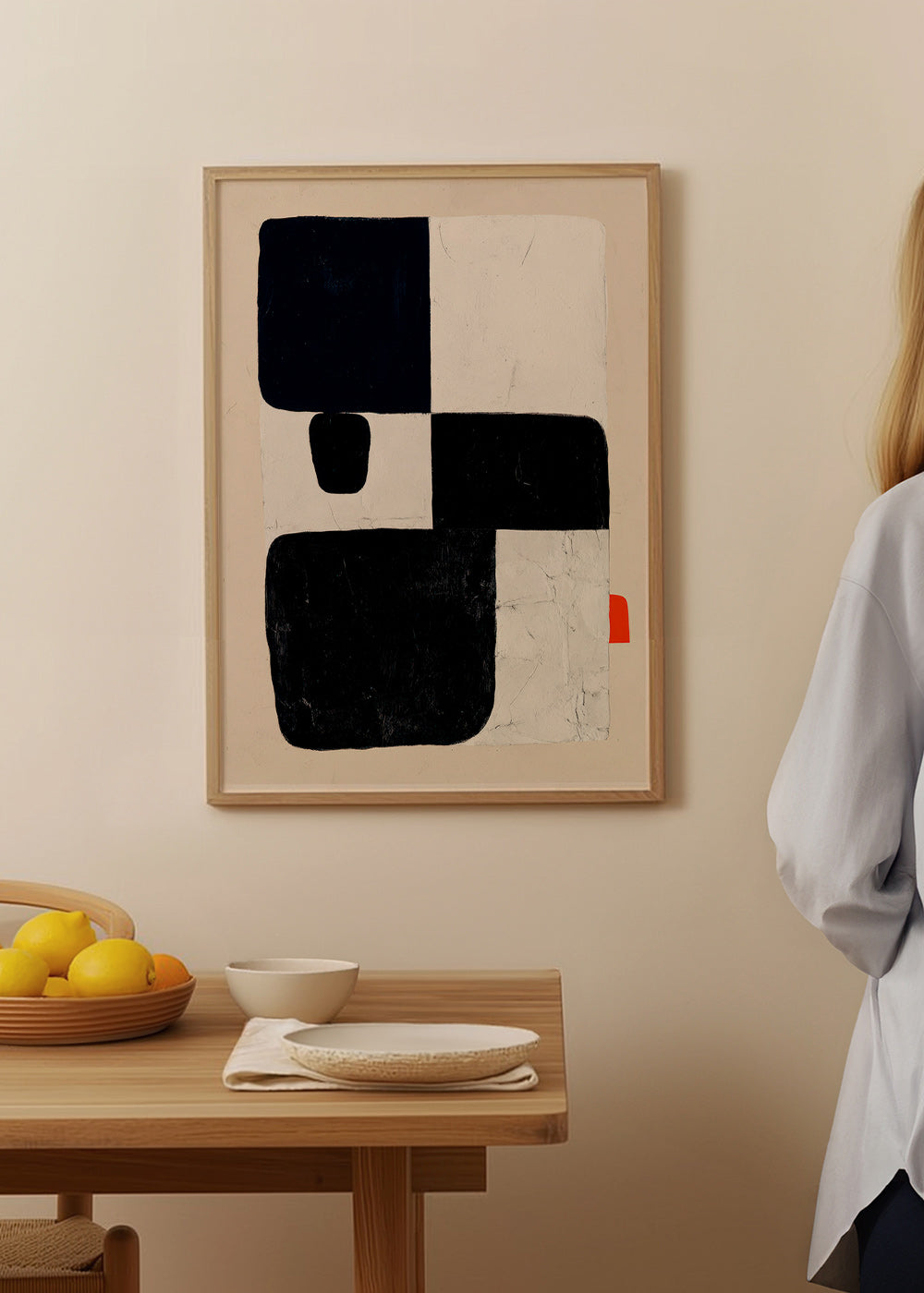 Geometrisk plakat med sorte felter og rødt accent – Product3
