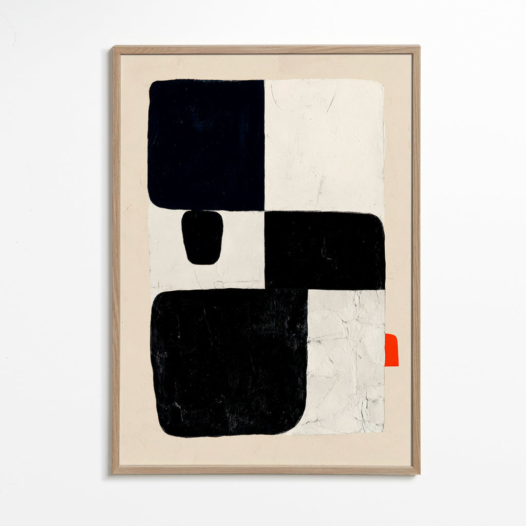 Geometrisk plakat med sorte felter og rødt accent – Oak Frame