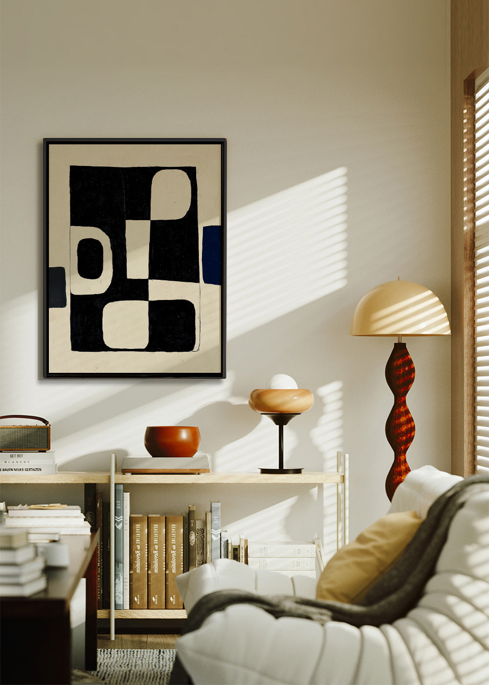 Geometrisk plakat med sorte blokke og buede negativer – Canvas1
