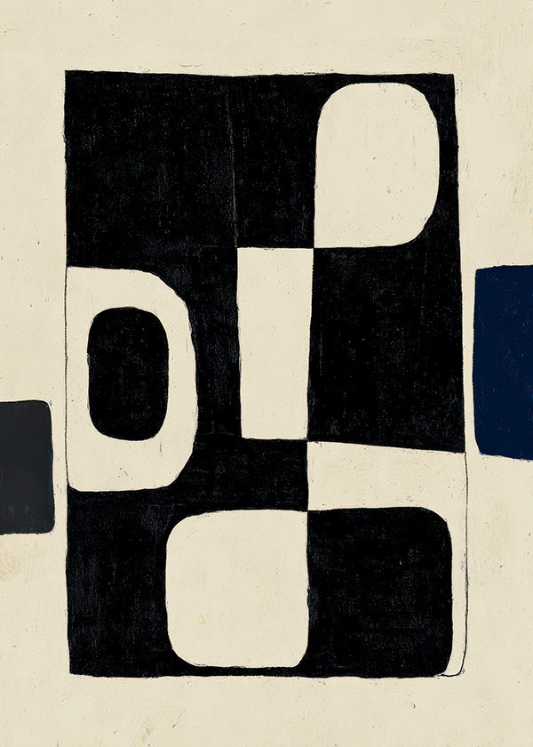 Geometrisk plakat med sorte blokke og buede negativer