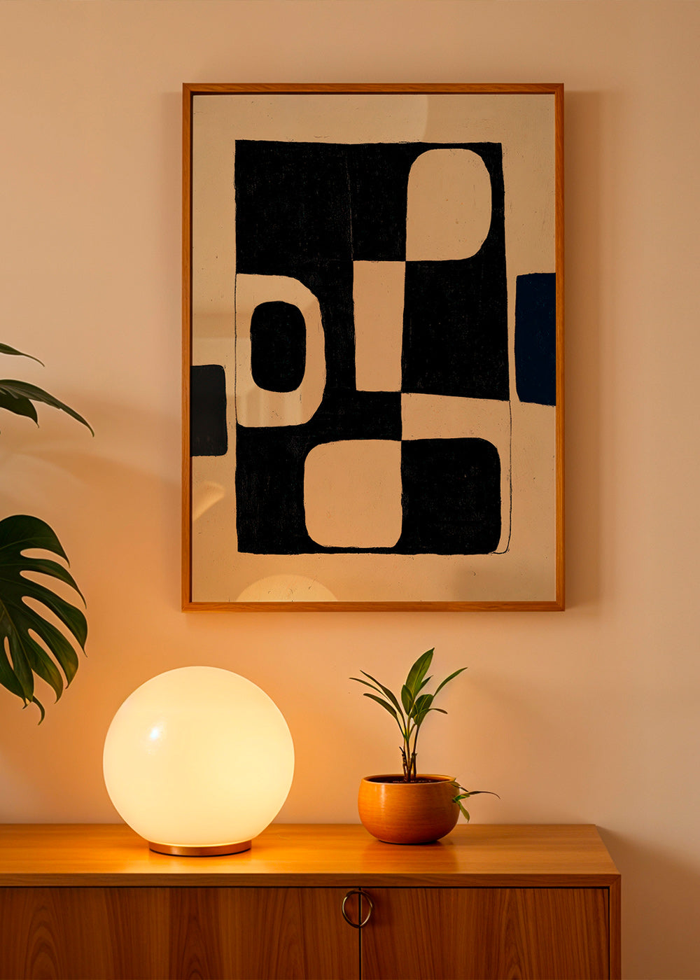 Geometrisk plakat med sorte blokke og buede negativer – Product1